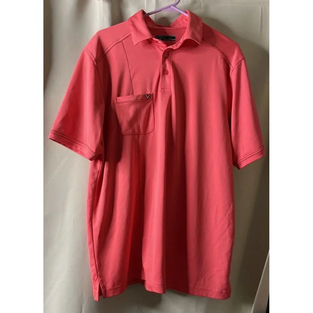 Callaway Mens Coral Pink Short Sleeve Golf Shirt Polo Size Large Pocket